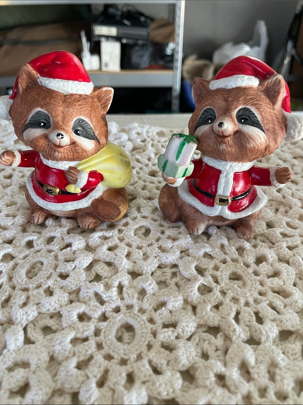 Homco Holiday Raccoon Figurine Pair in Red and Brown - Festive Home Accents